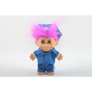 Policeman Troll Doll Russ Norfin Vintage Toy Plastic Pink Hair Brown Eyes